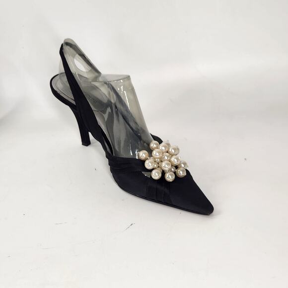 Enzo Angiolini Satin Sling Back Pointed Toe Pearl Pump Heels Womens 8.5M Black - Picture 2 of 10